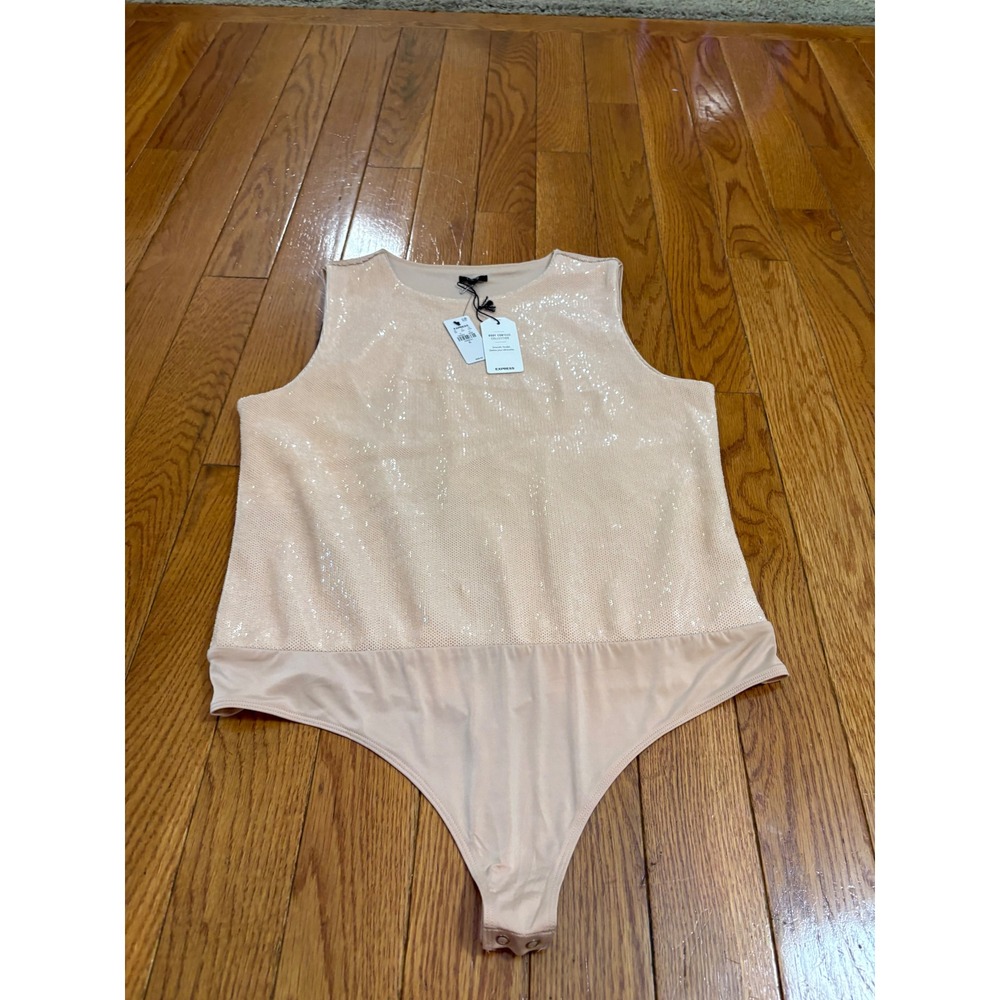 New Express Body Contour Sequin beige Bodysuit Sleeveless Top Party XL - Picture 2 of 10